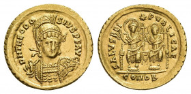 THEODOSIUS II (402-450). GOLD Solidus. Constantinople.
Obv: D N THEODOSIVS P F AVG.
Helmeted and cuirassed bust facing slightly right, holding spear...