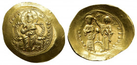 CONSTANTINE X DUCAS (1059-1067). GOLD Histamenon Nomisma. Constantinople.
Obv: + IҺS XIS RЄCX RЄGNANTIҺM.
Christ Pantokrator seated facing on throne...