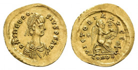 THEODOSIUS II (402-450). GOLD Semissis. Constantinople.
Obv: D N THEODOSIVS P F AVG.
Diademed, draped and cuirassed bust right.
Rev: VICTORIA AVGG ...