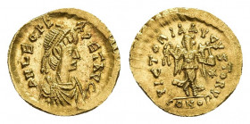 LEO I (457-473). GOLD Tremissis. Constantinople.
Obv: D N LEO PERPET AVG.
Diademed, draped and cuirassed bust right.
Rev: VICTORIA AVGVSTORVM / CON...