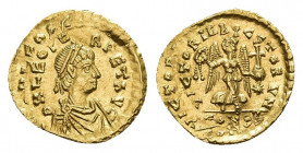 LEO I (457-473). GOLD Tremissis. Constantinople. Double strike.
Obv: D N LEO PERPET AVG.
Diademed, draped and cuirassed bust right.
Rev: VICTORIA A...