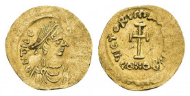 MAURICE TIBERIUS (582-602). GOLD Tremissis. Constantinople.
Obv: D N TIЬЄRI P P AVG.
Diademed, draped and cuirassed bust right.
Rev: VICTOR MAVRI A...