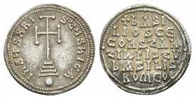 BASIL I THE MACEDONIAN with CONSTANTINE (867-886). Miliaresion. Constantinople.
Obv: IҺSЧS XRISTЧS ҺICA.
Cross potent set upon three steps; globus b...