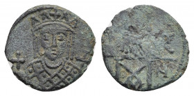 CONSTANTINE VI and IRENE (780-797). Follis. Constantinople.
Obv: Crowned facing bust of Irene, holding cruciform sceptre and globus cruciger.
Rev: C...