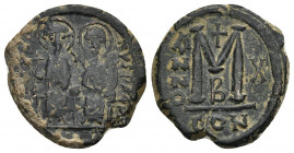 JUSTIN II with SOPHIA (565-578). Follis. Constantinople. Dated RY 10 (574/5).
Obv: D N IVSTINVS P P AVG.
Justin, holding globus cruciger, and Sophia...