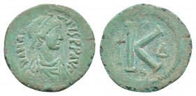 ANASTASIUS I (491-518). Half Follis. Constantinople.
Obv: D N ANASTASIVS P P AVG.
Diademed, draped and cuirassed bust right.
Rev: Large K; cross to...