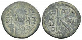 JUSTINIAN I (527-565). Half Follis. Cyzicus. Dated RY 12 (538/9).
Obv: D N IVSTINIANVS P P AVG.
Helmeted and cuirassed bust facing, holding globus c...