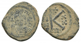 MAURICE TIBERIUS. 582-602. Æ 1/2 Follis. Thessalonica mint. Dated RY 20 (601/2). Obv: Helmeted facing bust, holding globus cruciger.
Rev: Large K; da...