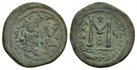 HERACLIUS, with HERACLIUS CONSTANTINE (610-641). Follis. Constantinople.
Obv: Heraclius and Heraclius Constantine standing facing, each crowned and h...