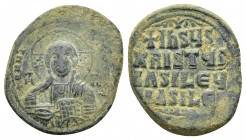 ANONYMOUS FOLLES. Class A2. Attributed to Basil II & Constantine VIII (976-1025). Follis. Constantinople..
Obv: EMMANOVHL / IC - XC.
Facing bust of ...