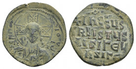ANONYMOUS FOLLES. Class A2. Attributed to Basil II & Constantine VIII (976-1025). Follis. Constantinople..
Obv: EMMANOVHL / IC - XC.
Facing bust of ...