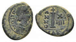 JUSTINIAN I (527-565). Æ 10 Nummi. Carthage, year 14 (540/1).
Obv: Diademed, draped and cuirassed bust.
Large I; cross above, date across field; CAR...