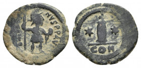 JUSTIN II (565-578). Constantinople.
Obv: Justin standing l., holding spear and globe.
Rev: Large I between two stars; cross above;
CON. MIBE 22; D...