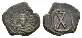 PHOCAS (602-610). Decanummium. Constantinople. Obv: Crowned, draped and cuirassed bust facing, holding globus cruciger and shield. Rev: Large X; cross...