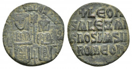 LEO VI with ALEXANDER (886-912). Follis. Constantinople.
Obv: + LЄOҺ S ALЄΞAҺδROS.
Crowned figures of Leo and Alexander seated facing on double thro...
