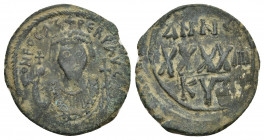 PHOCAS (602-610). Half Follis. Cyzicus. Dated RY 2 (603/4).
Obv: δ M FOCA PЄRP AVG.
Crowned bust facing, wearing consular robes and holding mappa an...