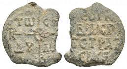 BYZANTINE LEAD SEAL.
Obv: Monogram.
Rev: Legend in four lines.
.
Condition: See picture.
Weight: 13.13 g.
Diameter: 23 mm.