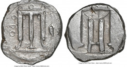 BRUTTIUM. Croton. Ca. 480-430 BC. AR stater (21mm, 8.12 gm, 9h). NGC Choice XF 4/5 - 3/5. ϘPO (retrograde), tripod with leonine feet; heron standing l...