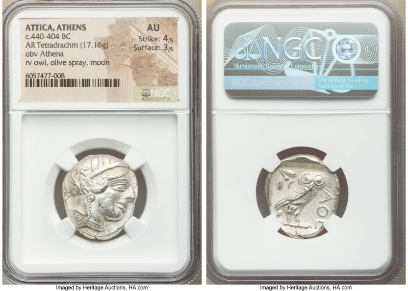 ATTICA. Athens. Ca. 440-404 BC. AR tetradrachm (25mm, 17.16 gm, 1h). NGC AU 4/5 ...