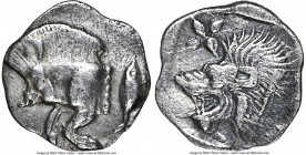 MYSIA. Cyzicus. Ca. 5th century BC. AR hemiobol(?) (10mm). NGC Choice VF. Forepart of boar left, tunny upward behind / Head of lion left; star in uppe...