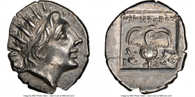 CARIAN ISLANDS. Rhodes. Ca. 88-84 BC. AR drachm (15mm, 12h). NGC Choice AU. Plinthophoric standard, Nicephorus, magistrate. Radiate head of Helios rig...