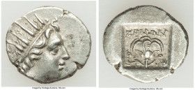 CARIAN ISLANDS. Rhodes. Ca. 88-84 BC. AR drachm (16mm, 2.52 gm, 11h). XF. Plinthophoric standard, Zenon, magistrate. Radiate head of Helios right / ZH...