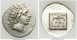 CARIAN ISLANDS. Rhodes. Ca. 88-84 BC. AR drachm (16mm, 2.11 gm, 1h). XF. Plinthophoric standard, Thrasymedes, magistrate. Radiate head of Helios right...