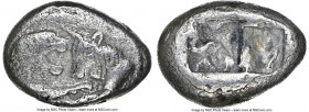 LYDIAN KINGDOM. Croesus (561-546 BC). AR/AE fourree third-stater (14mm). NGC VG, core visible. Ancient forgery of Croesus third-stater. Confronted for...