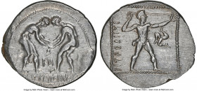 PAMPHYLIA. Aspendus. Ca. 380-325 BC. AR stater (24mm, 11h). NGC XF, brushed. Two wrestlers grappling; FN (N retrograde) between, dotted border / EΣTFE...