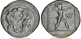 PAMPHYLIA. Aspendus. Ca. 380-325 BC. AR stater (23mm, 11h). NGC VF. Two wrestlers grappling; ΑΦ between / EΣTFEΔIIYΣ, slinger striding to right, pulli...
