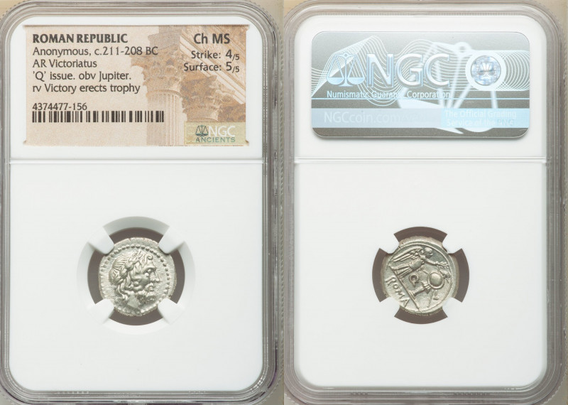 Anonymous. Ca. 211-208 BC. AR victoriatus (16mm, 2h). NGC Choice MS 4/5 - 5/5. A...