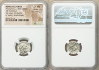 Anonymous. Ca. 211-208 BC. AR victoriatus (16mm, 2h). NGC Choice MS 4/5 - 5/5. Apulia, Q series. Laureate head of Jupiter right / Victory standing rig...