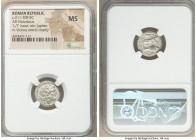 Anonymous. Ca. 211-208 BC. AR victoriatus (16mm, 8h). NGC MS. Luceria. Laureate head of Jupiter right; archaic L (symbol of the Lucerian mint) below, ...