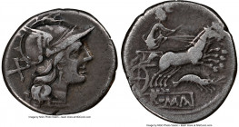 Anonymous. Prawn Series. Ca. 179-170 BC. AR denarius (19mm, 10h). NGC Choice Fine. Rome. Head of Roma right, wearing winged helmet surmounted by griff...