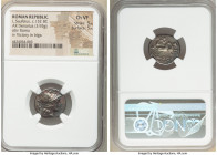 L. Saufeius (ca. 152 BC). AR denarius (18mm, 3.93 gm, 6h). NGC Choice VF 5/5 - 5/5. Rome. Head of Roma right, wearing winged helmet decorated with gri...