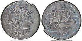 Q. Marcius Libo (ca. 148 BC). AR denarius (20mm,3.79gm 3h). NGC XF S 5/5 - 5/5. Rome. LIBO, head of Roma right, wearing winged Attic helmet decorated ...