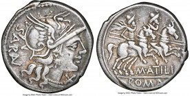 M. Atilius Saranus (ca. 145 BC). AR denarius (18mm, 9h). NGC VF S. Rome. SARAN, head of Roma right in winged helmet decorated with griffin crest, X (m...