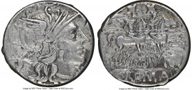 M. Junius Silanus (145 BC). AR denarius (18mm, 3.83 gm, 5h). NGC VF 5/5 - 4/5. Rome. Head of Roma right, wearing winged helmet surmounted by griffin c...