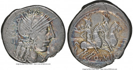 Q. Minucius Rufus (ca. 122 BC). AR denarius (19mm, 3.87 gm, 2h). NGC VF 5/5 - 4/5. Rome. RVF, head of Roma right, wearing winged helmet surmounted by ...