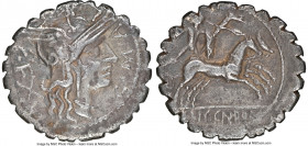 C. Malleolus Cn. f. (ca. 118 BC) with L. Licinius and Cn. Domitius as duoviri. AR denarius serratus (20mm, 3.68 gm, 12h). NGC Choice VF 4/5 - 3/5, scu...