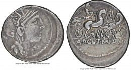 Titus Manlius Mancius, Appius Claudius Pulcher, and Q. Urbinius, moneyers (111-110 BC). AR denarius (19mm,3.84gm 4h). NGC Choice Fine 4/5 - 4/5. Rome....