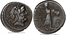 L. Procilius f. (ca. 80 BC). AR denarius (18mm, 2h). NGC VF. Rome. Laureate head of Jupiter right, S•C behind / L•PROCILI / F, Juno Sospita advancing ...