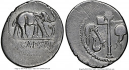 Julius Caesar, as Dictator (49-44 BC). AR denarius (20mm, 3.69 gm, 6h). NGC Choice VF 4/5 - 3/5, bankers mark. Military mint traveling with Caesar in ...