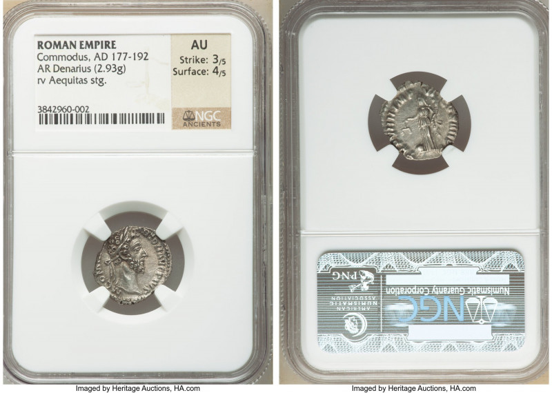 Commodus (AD 177-192). AR denarius (17mm, 2.93 gm, 5h). NGC AU 3/5 - 4/5. Rome, ...
