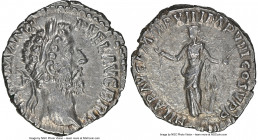 Commodus (AD 177-192). AR denarius (18mm, 12h). NGC AU. Rome AD 186-187. M COMM ANT-P FEL AVG BRIT, laureate head of Commodus right / HILAR AVG P M TR...