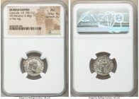 Caracalla (AD 198-217). AR denarius (20mm, 3.08 gm, 1h). NGC AU 4/5 - 3/5. Rome, AD 215. ANTONINVS PIVS AVG GERM, laureate head of Caracalla right / P...