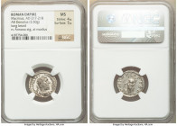 Macrinus (AD 217-218). AR denarius (19mm, 3.50 gm, 1h). NGC MS 4/5 - 5/5. Rome, December AD 217. IMP C M OPEL SEV-MACRINVS AVG, laureate, draped bust ...