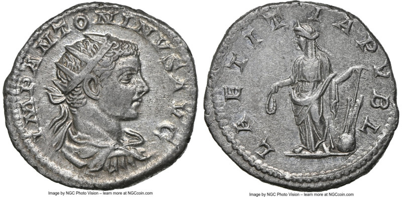 Elagabalus (AD 218-222). AR antoninianus (22mm, 11h). NGC Choice XF. Rome. IMP A...