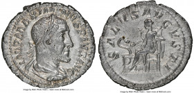 Maximinus I (AD 235-238). AR denarius (21mm, 3.15 gm, 1h). NGC Choice AU 4/5 - 4/5. Rome, AD 235-236. IMP MAXIMINVS PIVS AVG, laureate, draped, and cu...