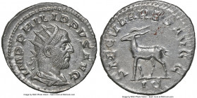 Philip I (AD 244-249). AR antoninianus (23mm, 1h). NGC Choice AU. Rome, 4th officina, AD 248. IMP PHILIPPVS AVG, radiate, draped and cuirassed bust of...